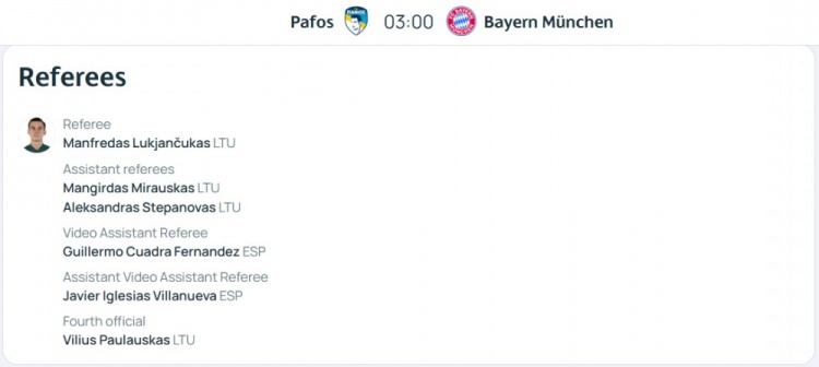 拜仁客戰帕福斯裁判組名單：立陶宛主裁執法，西班牙人VAR裁判組