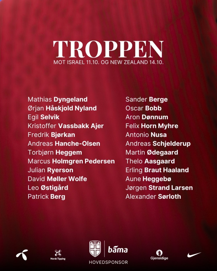 挪威新一期大名單：哈蘭德、厄德高領(lǐng)銜，索爾洛特、拉爾森入選