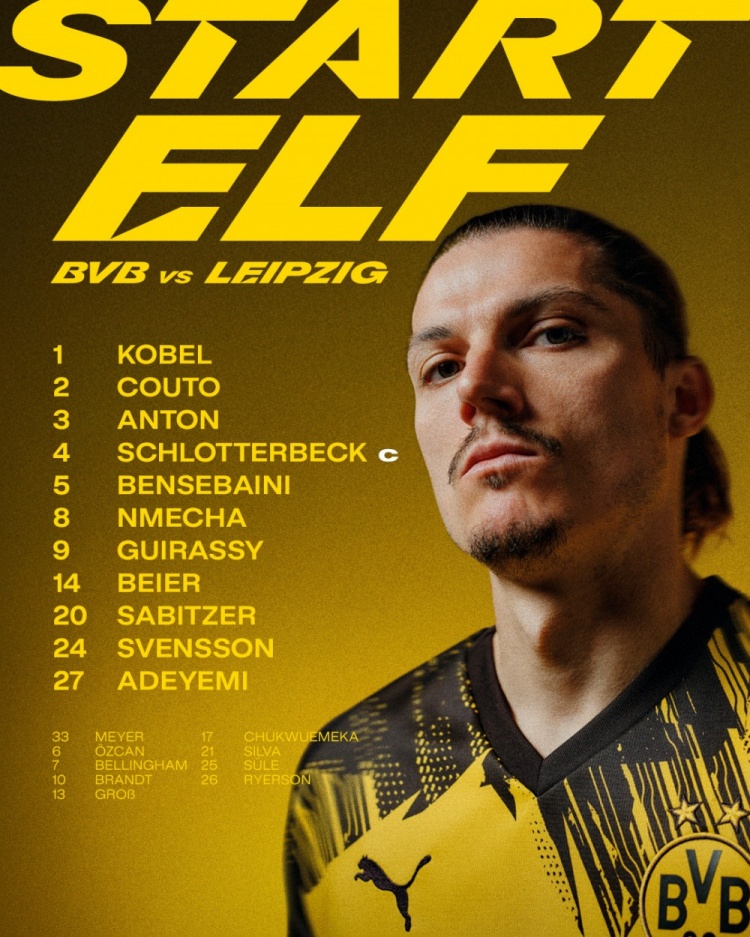 多特對陣萊比錫首發：吉拉西、薩比策、阿德耶米、施洛特貝克在列