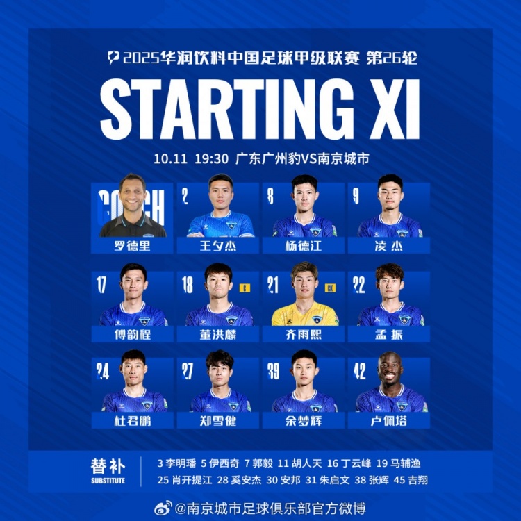 中甲第26輪，廣東廣州豹VS南京城市 首發(fā)名單出爐 讓我們并肩戰(zhàn)斗